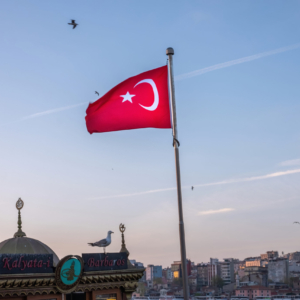 Red flag of Turkey in the foreground of flying seagulls and local architectural buildings