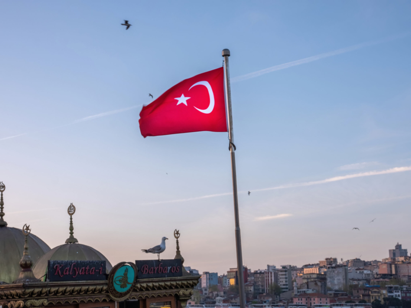 Red flag of Turkey in the foreground of flying seagulls and local architectural buildings